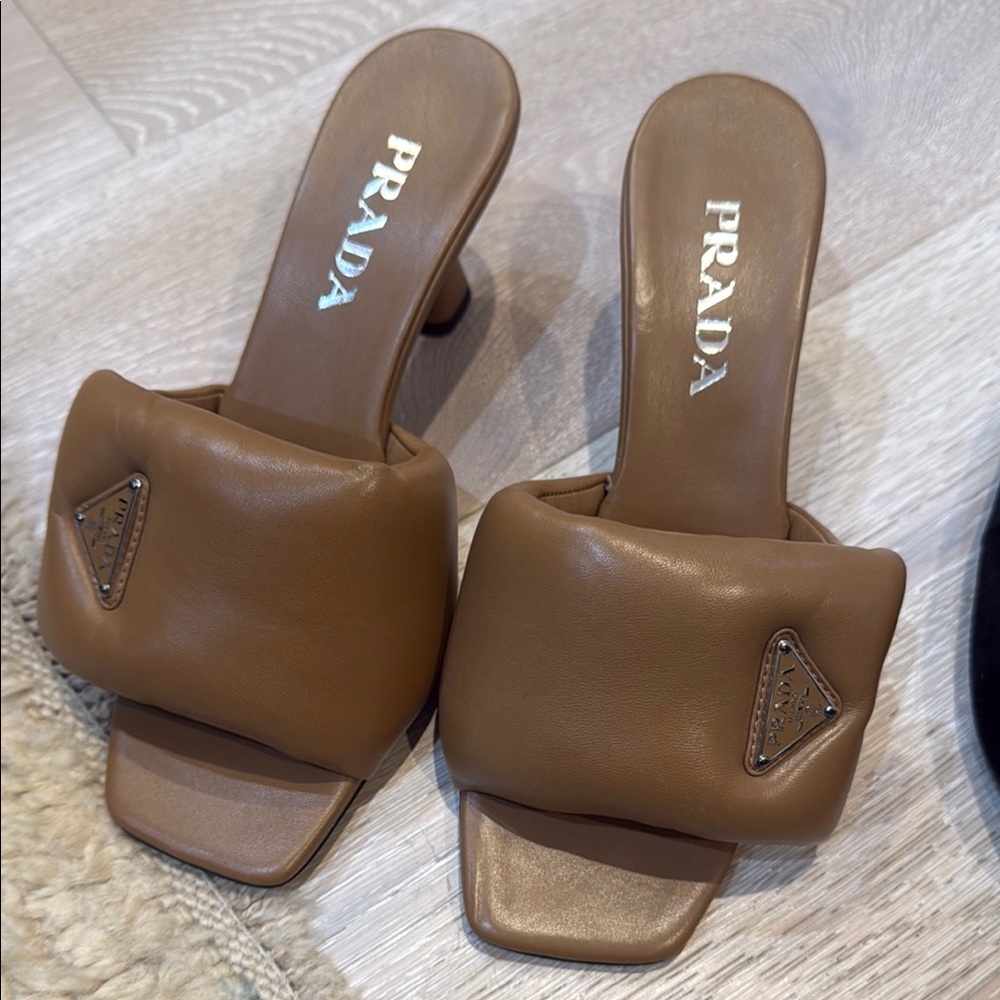 Prada Women's Tan Leather Heeled Mules
